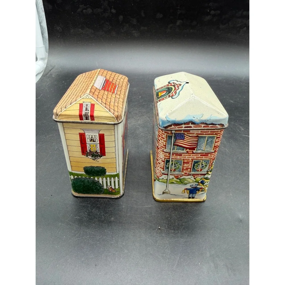 Vintage Nestle Toll House Cottage & Tin Box Co Schoolhouse Christmas Tins Set 2